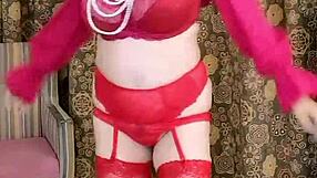 Hot Busty Milf Mariaold Poses In Red Stockings And High Heels Shoes.