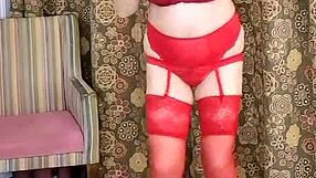 Hot Busty Milf Mariaold Poses In Red Stockings And High Heels Shoes.