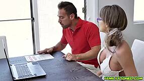 brunette teen anna gets tight pussy penetrated by stud while eating milf stepmom's pussy in group