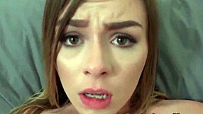 Blonde stepsister teen 18+ sucks big monster cock and swallows cum in mouth in high definition amateur blowjob.