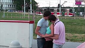 Cute blonde teen bent over for public street doggystyle with two young guys