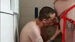 Bisexual boyfriend captured on video while his girlfriend pegs him during a hot shower session
