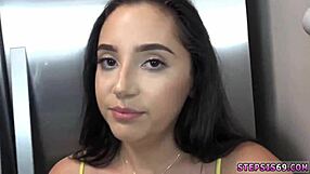 Brunette teen in stockings sucks my annoying stepbro's cock.