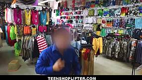 Young pityless blonde girl steals in the shop and sucks a huge fucking penis