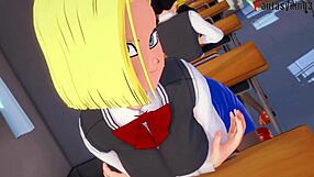 Android 18 fucks in bikini while Android 21 watches the trailer