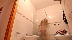 Stepson powerfully fucks mature cougar milf stepmom in the steamy bathroom shower