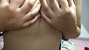 Filipina girlfriend, when no one is around, showing her natural tits and masturbating?