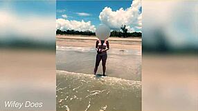 Wife Playing Nude Football Public Clothed Beach!