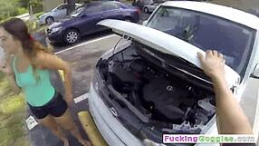 Brunette Babe Pays Mechanic With Her Pussy