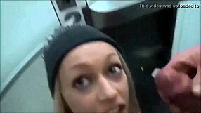 A blonde hottie eagerly takes two facials from horny amateurs in a detailed sexual encounter.