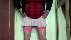 I swallow cum while crossdressing in stockings, feeling shy and humiliated