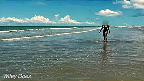 Wife Playing Nude Football Public Clothed Beach!