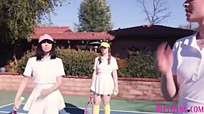 Hot teen bffs fucked hard by tennis coach outdoors