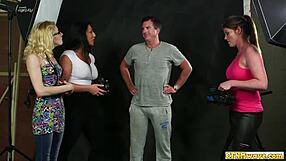 cfnm babes tugging cock, humiliating sub in voyeur scene.