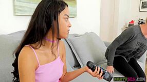 Cum covers slutty redhead girlfriend's tits after big cock blowjob