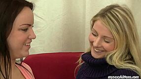 Blonde and brunette teen lesbians lara and mia finger each other's wet pussies