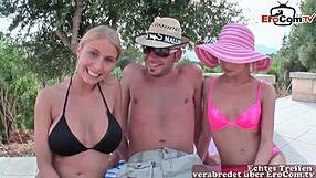 Public beach threesome with hot German college girls and big dick pickup