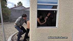 asian delivery lady caught by two horny guys and banged in a wild 3some