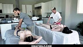 Hot milfs April Storm and Nickey Huntsman get massaged and fucked by their friend's friend.