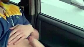 Gay blowjob and car wank while driving