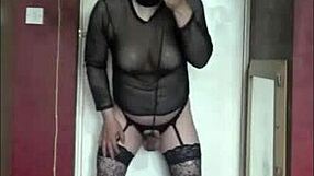 Stretching Ballsacks in Fishnets and Thong for Bisexual Teasing Fun