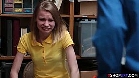 In the office, russian slender teen 18+ shoplifts and gets punished with blowjob and fucking on small tits.