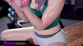 athletic lesbians scissoring and fingering in fitness room threesome