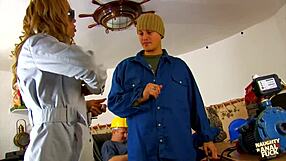 Fucking two handymen in a double penetration threesome ain't easy, but this blonde milf manages it with her tits and heels.