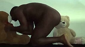 enjoying threesome with brown and caucasian furry toy bears