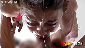 Latina teen 18+ feels intense pleasure in face fucking and deepthroat gagging with saliva.
