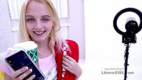 Blonde 18-year-old fucked hard at glamour photoshoot, swallows cum!