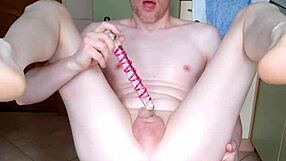 homemade gay anal with dildo, feeling intense emotions on the chair.