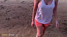 Flashing big tits outdoors at sunset, teasing passersby with nude exposure