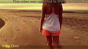 Flashing big tits outdoors at sunset, teasing passersby with nude exposure