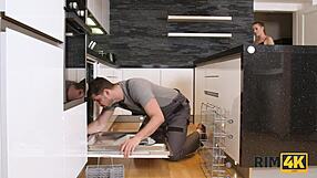 Brilliant teen girl licks plumber’s asshole in kitchen scene