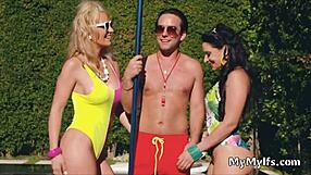 pool guy fucks slutty milfs in threeway. They choke and blowjob by the pool.