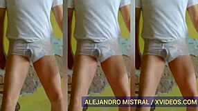 A gay man dancing in his wet underclothes, pantyhose and hot panties while giving a massage to his mistress who is not present.