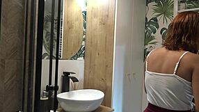 Hot Sexy Tight Pussy Redhead Girlfriend Flashes in Bathroom. No Panties Under Miniskirt Tease!