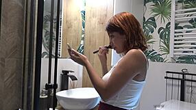 Hot Sexy Tight Pussy Redhead Girlfriend Flashes in Bathroom. No Panties Under Miniskirt Tease!