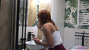 Hot Sexy Tight Pussy Redhead Girlfriend Flashes in Bathroom. No Panties Under Miniskirt Tease!