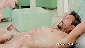 Oily masseuse provides relaxing massage to client in shower.