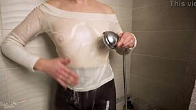 Intriguing sight: Hot milf in wet stockings and pantyhose during shower voyeur
