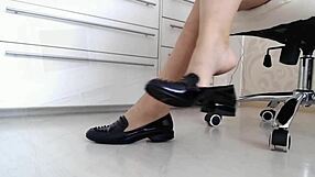 Sexy milf dangles bare feet in heels while teasing nude legs