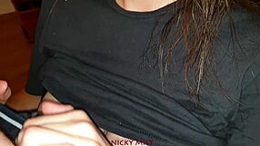 My stepsister with a brunet hair wears panties and gives a blowjob to a big dick and gets cum on her skin.