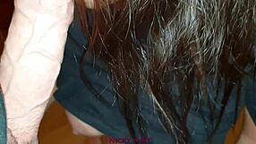 My stepsister with a brunet hair wears panties and gives a blowjob to a big dick and gets cum on her skin.