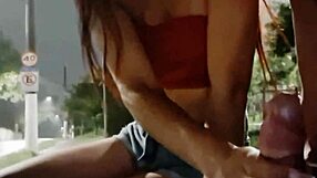 Risky handjob for brunette at the bus stop
