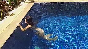 three panties in my pussy and fuck black dildo in a public pool