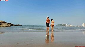 Red lipped amateur goes wild at the beach with friend