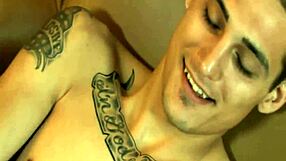 Tattoo thug jacks off to gay orgasm