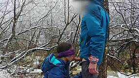 Public blowjob and cum swallow by the mountain river.